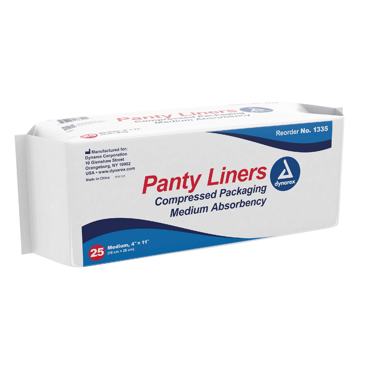 Dynarex Panty Liners, Sq End w/ Adhesive Tab - 25ea/bx, 10bxs/case (250 Count)