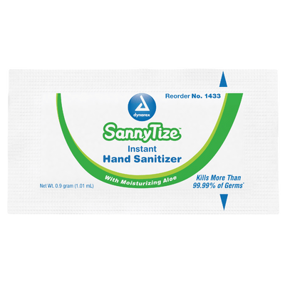 Dynarex SannyTize Instant Hand Sanitizer, 0.9 g Packet, 144ea/bx, 12bxs/case (1728 Count)