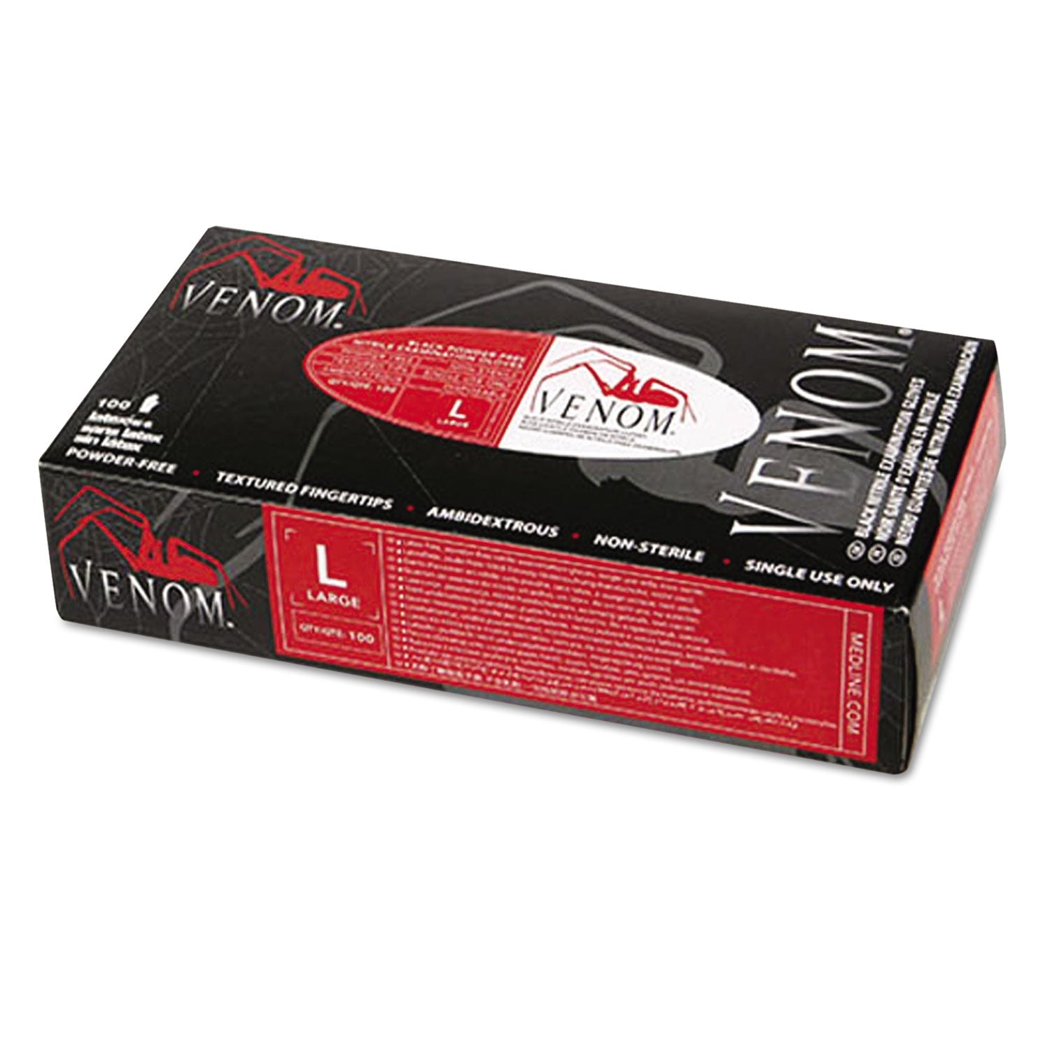 Medline Venom Nitrile Exam Gloves, Large, Black, Powder-Free, 100/Box