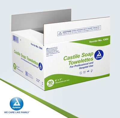 Dynarex Castile Soap Towelettes, 5" x 7", 100ea/bx, 10bxs/case (1000 Count)
