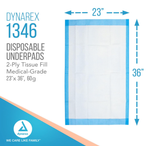 Dynarex Disposable Underpads, 23" x 36" (60g), 50ea/bag, 3bags/case (150 Count)