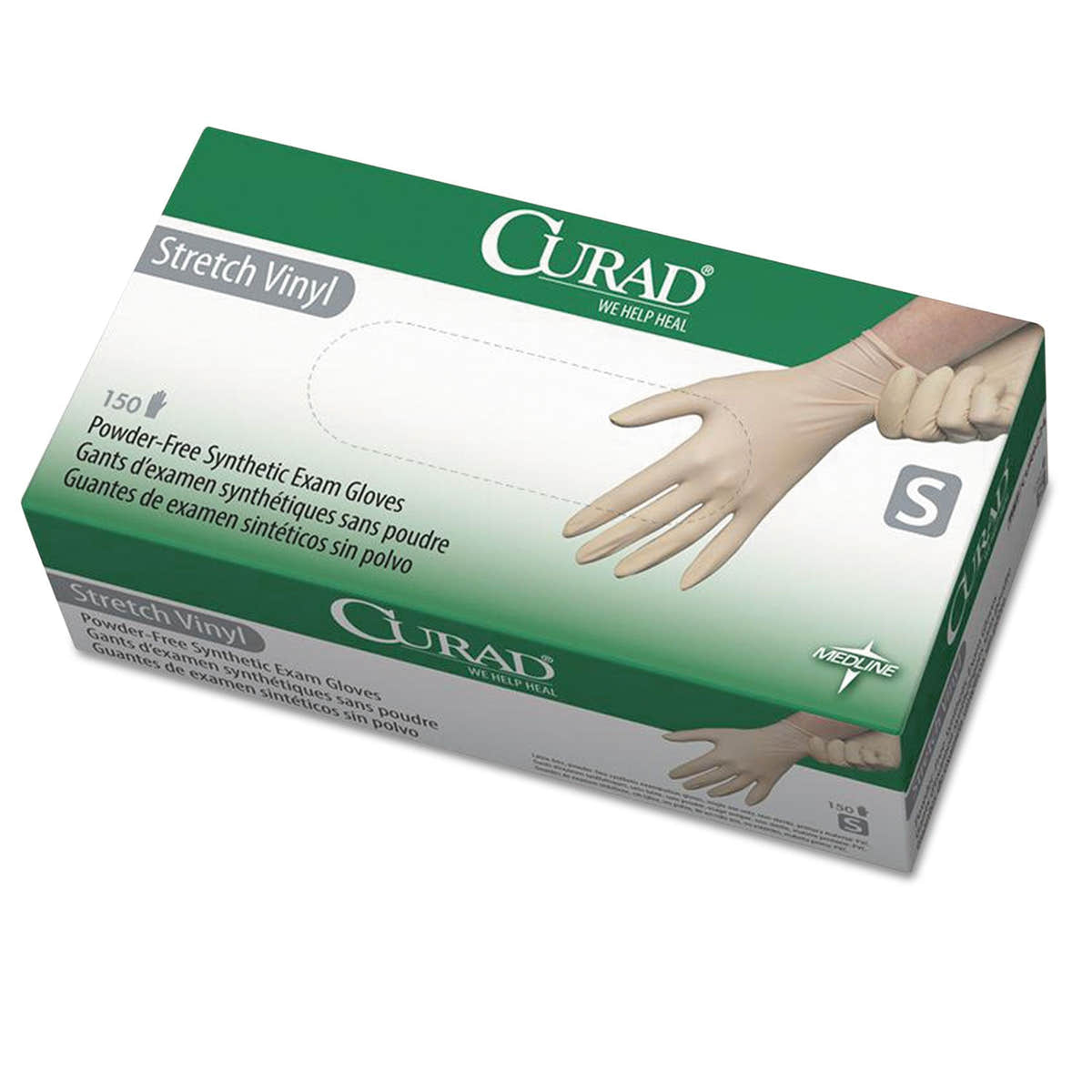 Curad Stretch Vinyl Exam Gloves, Powder-Free, Small, 150/Box