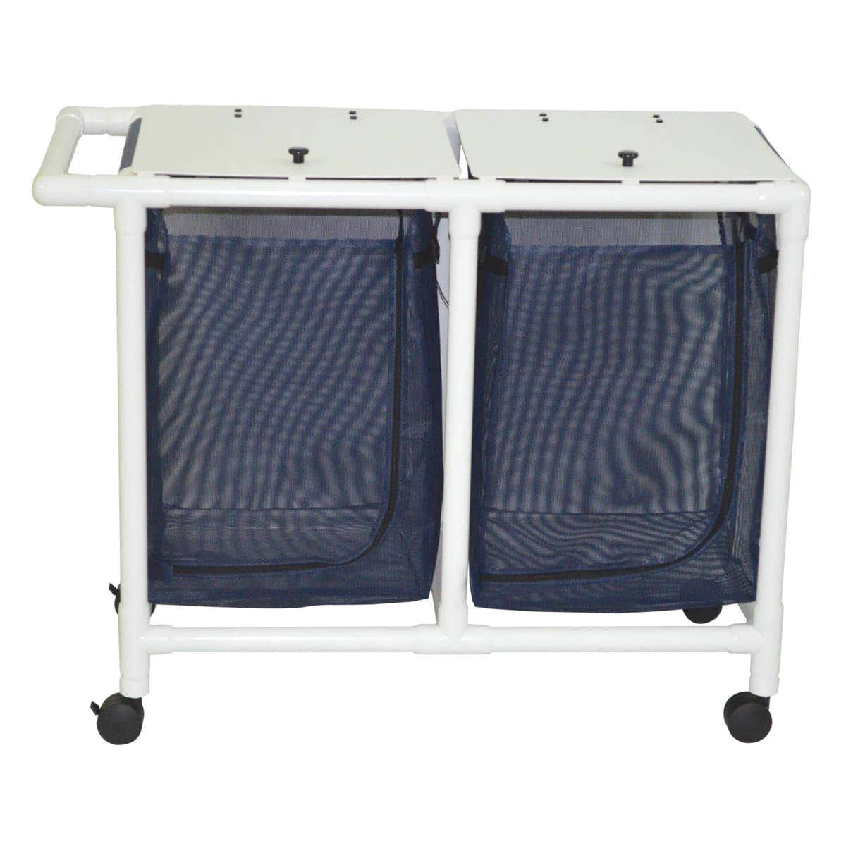 MJM International 218-D Double hamper with mesh bag (43 gallon capacity per bag), 3" twin casters, zipper opening, push/pull handle