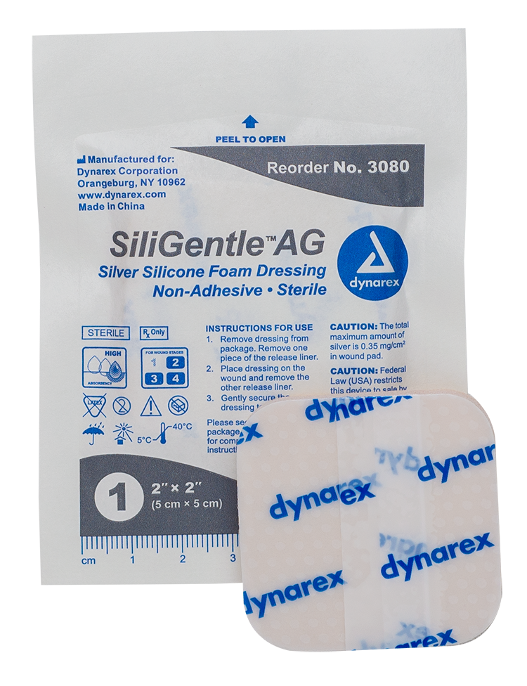 Dynarex SiliGentle AG - Silver Silicone Foam Dressing, 10ea/bx, 5bxs/cs (50 Count)