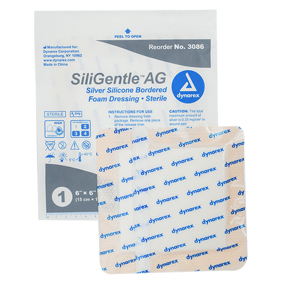 Dynarex SiliGentle AG - Silver Silicone Bordered Foam Dressing, 10ea/bx, 5bxs/cs (50 Count)