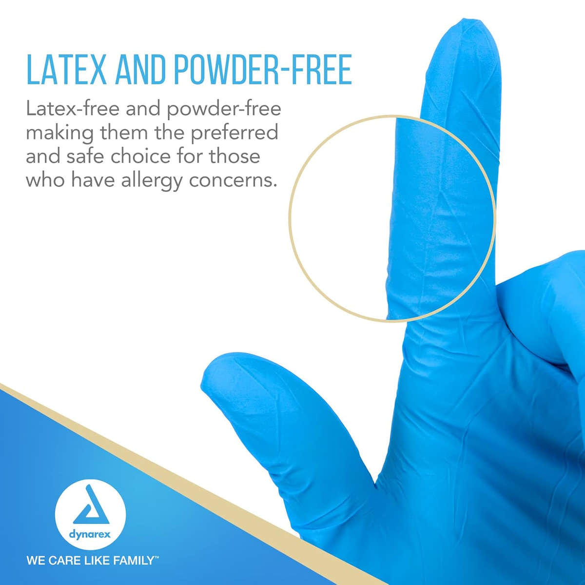 Dynarex Safe-Touch Blue Nitrile Exam Gloves - Non-Latex, Powder-Free - 100/box, 10bxs/case (1000 Count)