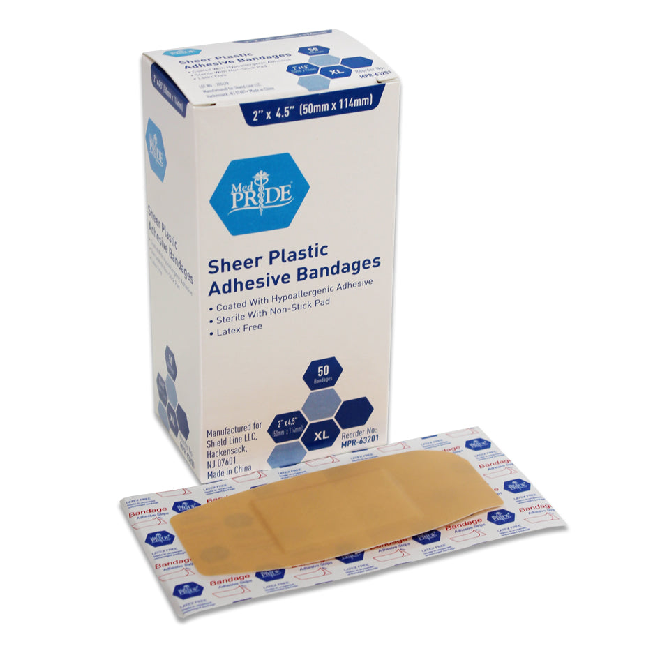 MedPride Sterile Plastic Adhesive Bandages, Plastic XL - 2" x 4.5" - 50/Box, Case of 24 (1200 Count)