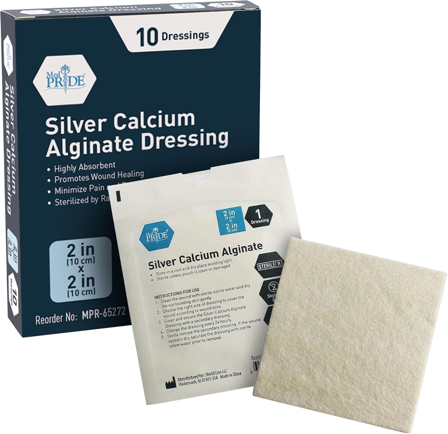 MedPride Silver Calcium Alginate Dressing, 2"x2" - 10/Box, Case of 10 (100 Count)