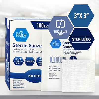 MedPride Sterile Gauze Pads for Wound Dressing & First Aid Kit - 1's, 3"x3" - 12 Ply - 100/box, Case of 24 (2,400 Count)