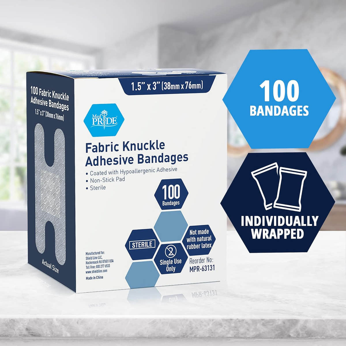 MedPride Sterile Fabric Knuckle Adhesive Bandage 1.5" x 3" - 100/Box, Case of 24 (2400 Count)