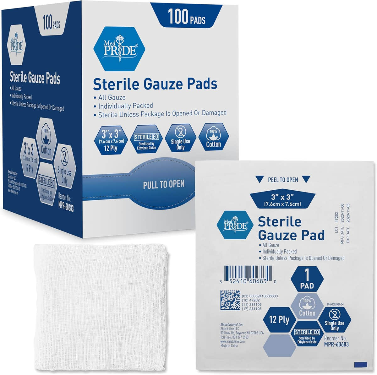 MedPride Sterile Gauze Pads for Wound Dressing & First Aid Kit - 1's, 3"x3" - 12 Ply - 100/box, Case of 24 (2,400 Count)