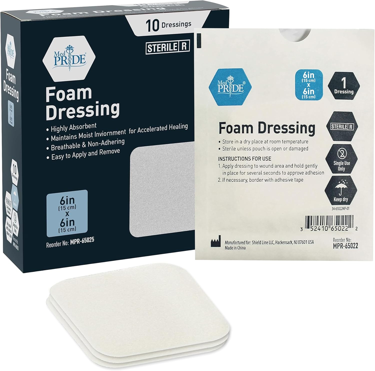 Medpride Foam Dressings 6"x6" - Sterile, Hydrophilic, Highly Absorbent- Soft, Non-Adhesive Pads, 10/Pack, Case of 20 (200 Count)