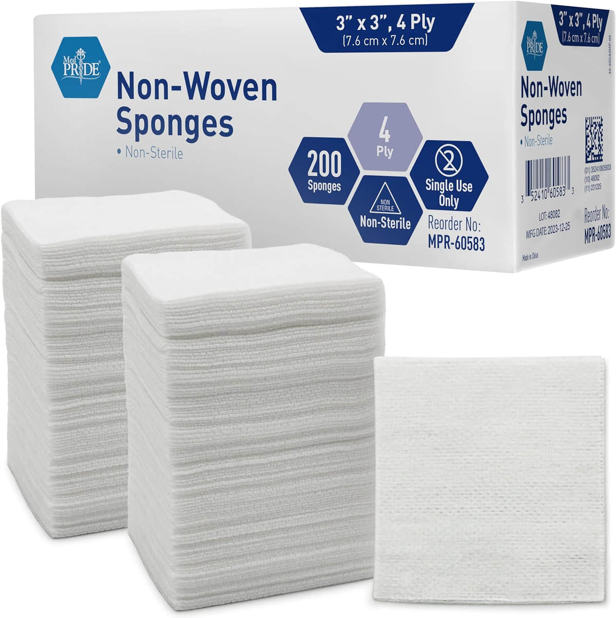 MedPride Non-Woven Surgical Sponges, First Aid Wound Care Dressing Sponge Non-Sterile - 3"x3" - 4 Ply, 200/Box, Case of 20 (4000 Count)