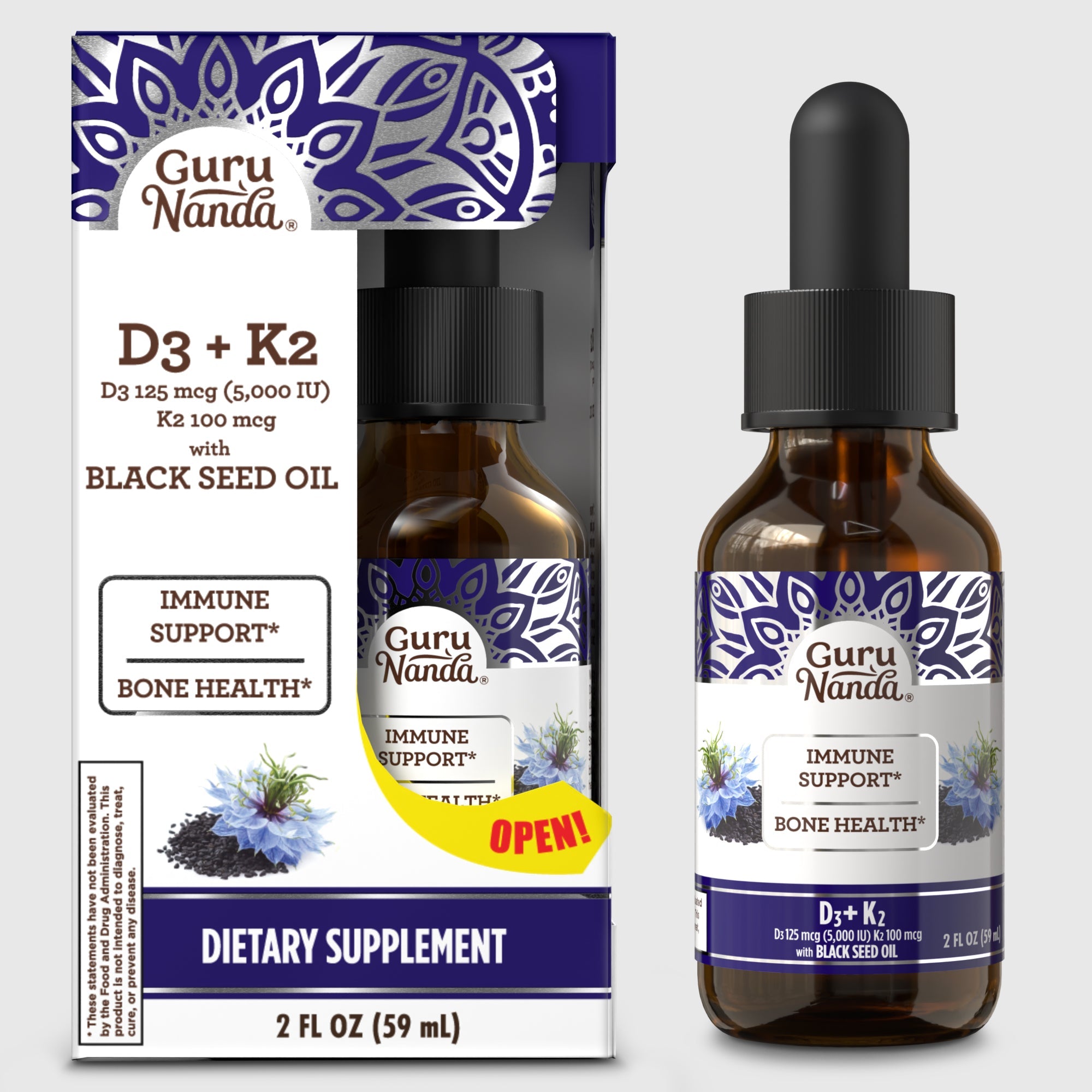 Natural Cold Pressed Black Seed Oil With Vitamin D3, K2, & E