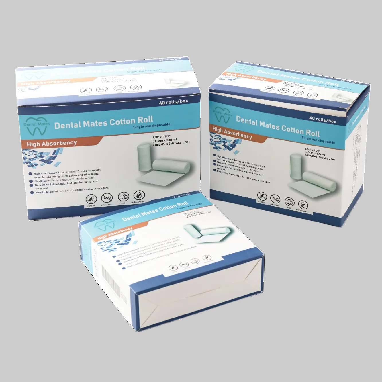 1 1/2" Length Cotton Rolls 5/16"(#1 SM), 3/8"(#2 MD) 2,000pcs/box and 1/2"(#3 LG) 450pcs per box