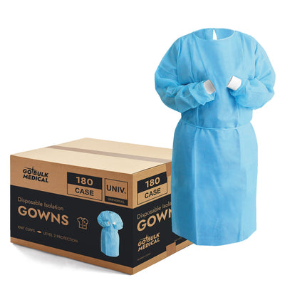 Disposable Isolation Gowns with Elastic Cuffs - Universal Size, Level 2, SMS, 180/Case - Blue