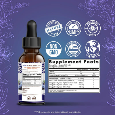 Natural Cold Pressed Black Seed Oil With Vitamin D3, K2, & E