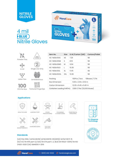 HandCare Blue Nitrile Gloves - Exam Grade, Powder Free (4 Mil), 1,000 Gloves - BOGO 20% OFF