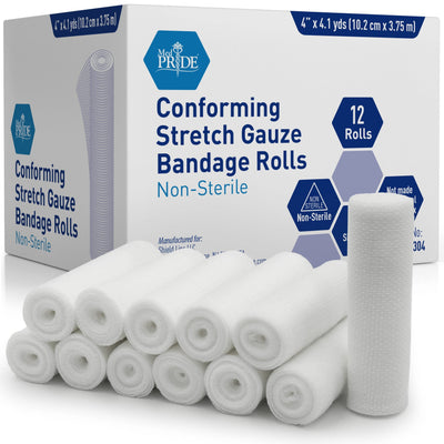 MedPride Conforming Stretch Gauze Bandage Roll -  Non-Sterile - 12 Rolls, Case of 8 (96 Count)