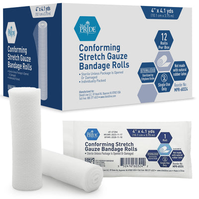MedPride Conforming Stretch Gauze Bandage Roll, Sterile - 12 Rolls/Box, Case of 8 (96 Count)