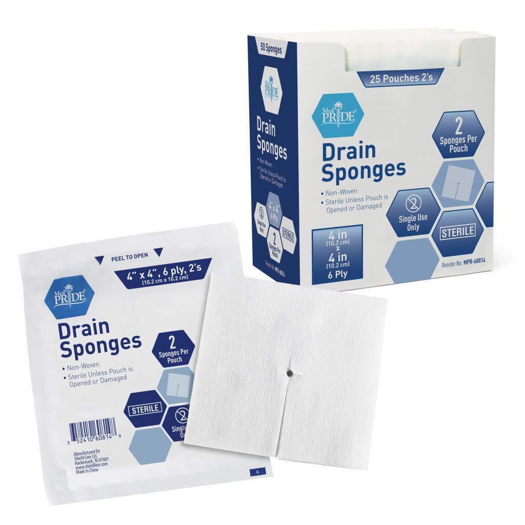MedPride Tracheostomy Sterile Drain Sponge Non-Woven 4"x4" 2's, 6-Ply, 25/box, Case of 12 (600 Count)