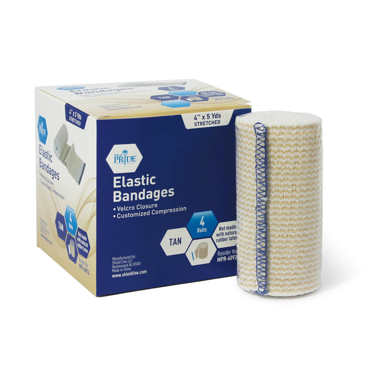 MedPride Elastic Bandages, Blue - Velcro - 4"x5 yds - 4pcs/bx, Case of 60 (240 Count)