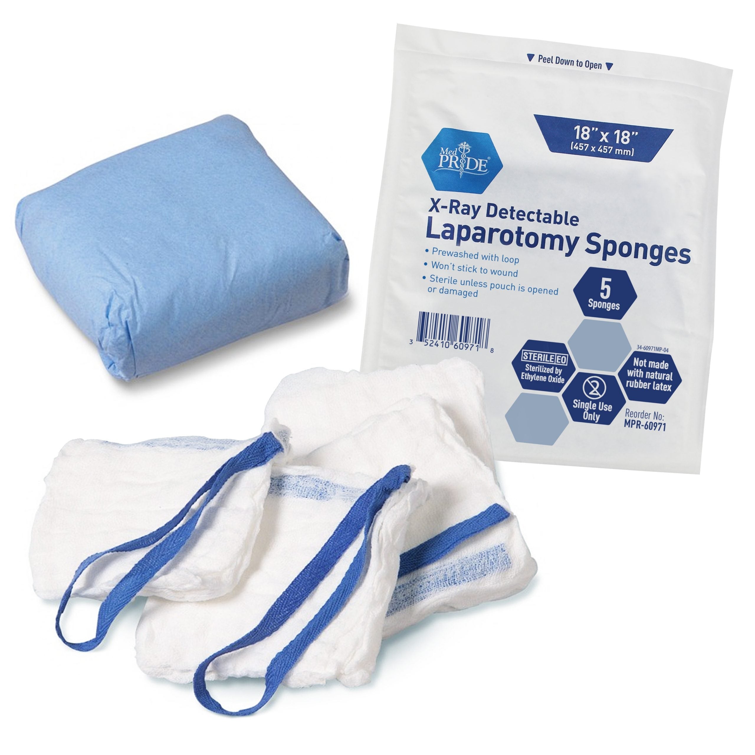 MedPride Laparotomy Sponge, Prewashed - Sterile - X Ray Det 18"x18", 5/Pack, Case of 40 (200)