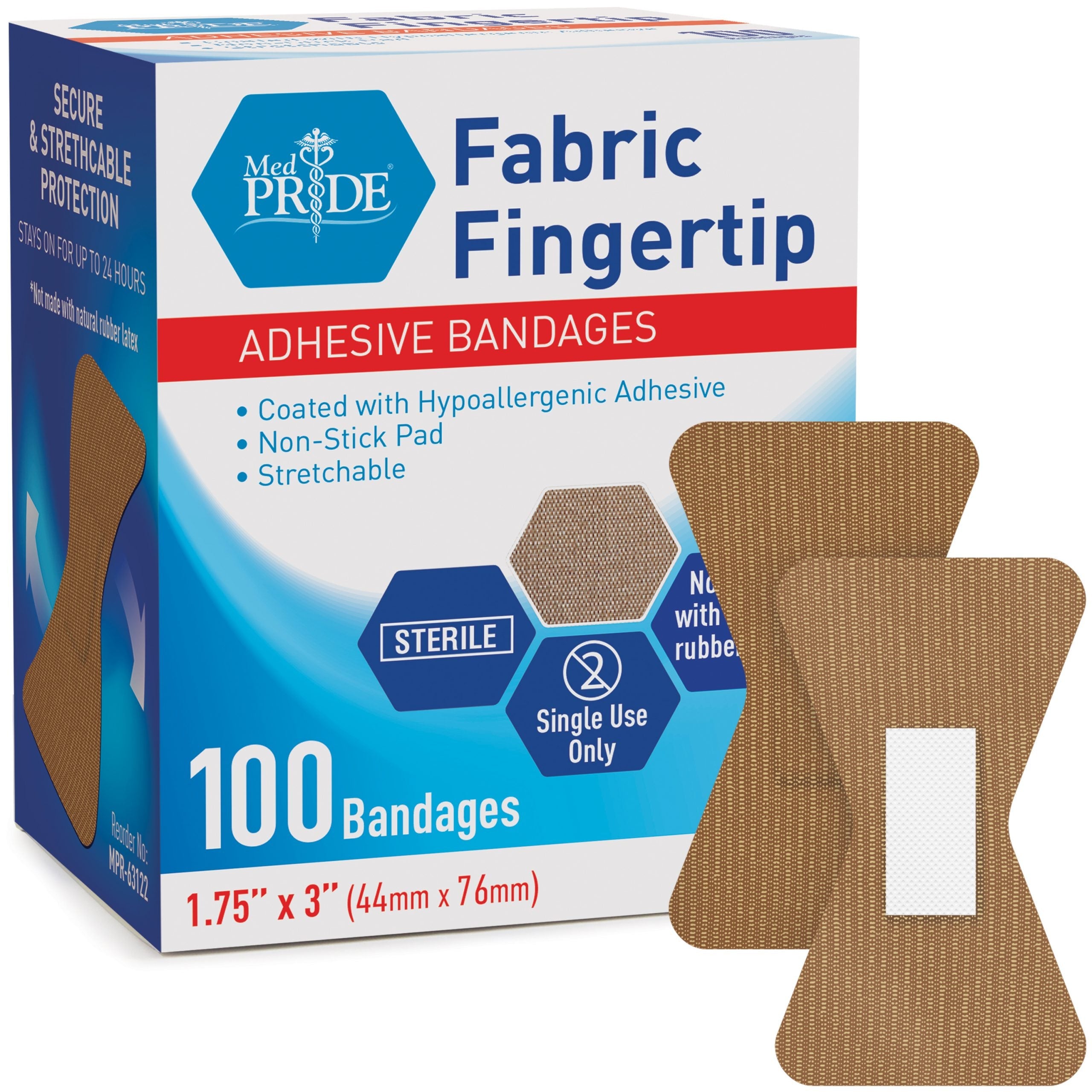 MedPride Sterile Fabric Fingertip Adhesive Bandages, 1.75" x 3" - 100/Box, Case of 24 (2400 Count)