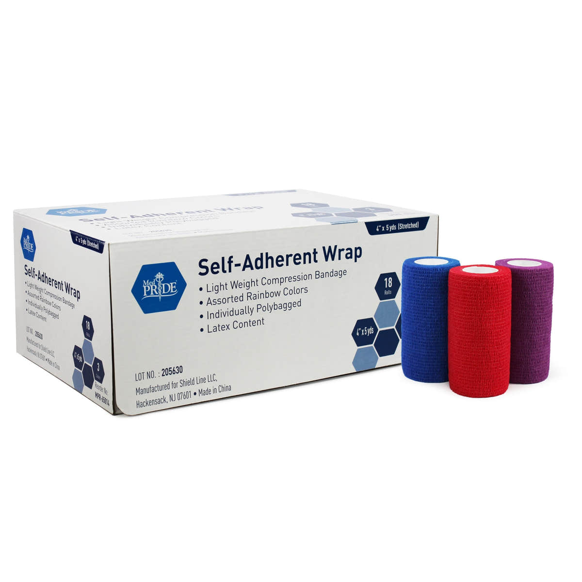Medpride Self-Adherent Wrap, 4"x5" yds. - Rainbow - Latex Free, 3 colors/Box, Case of 18 (54 Count)