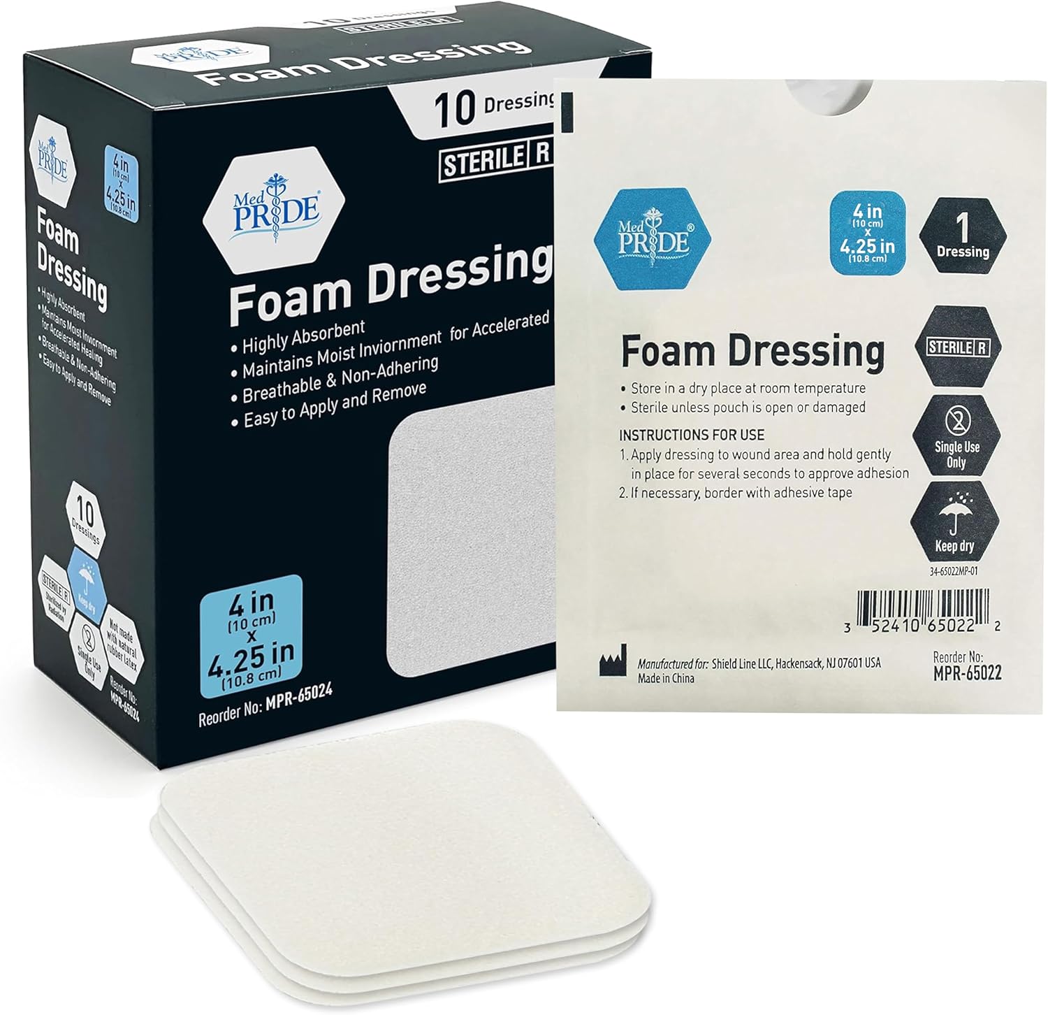 Medpride Foam Dressings -10 Pack, 4''X4.25'' - Sterile, Hydrophilic, Highly Absorbent- Soft, Non-Adhesive Pads, 10/Pack, Case of 20 (200 Count)