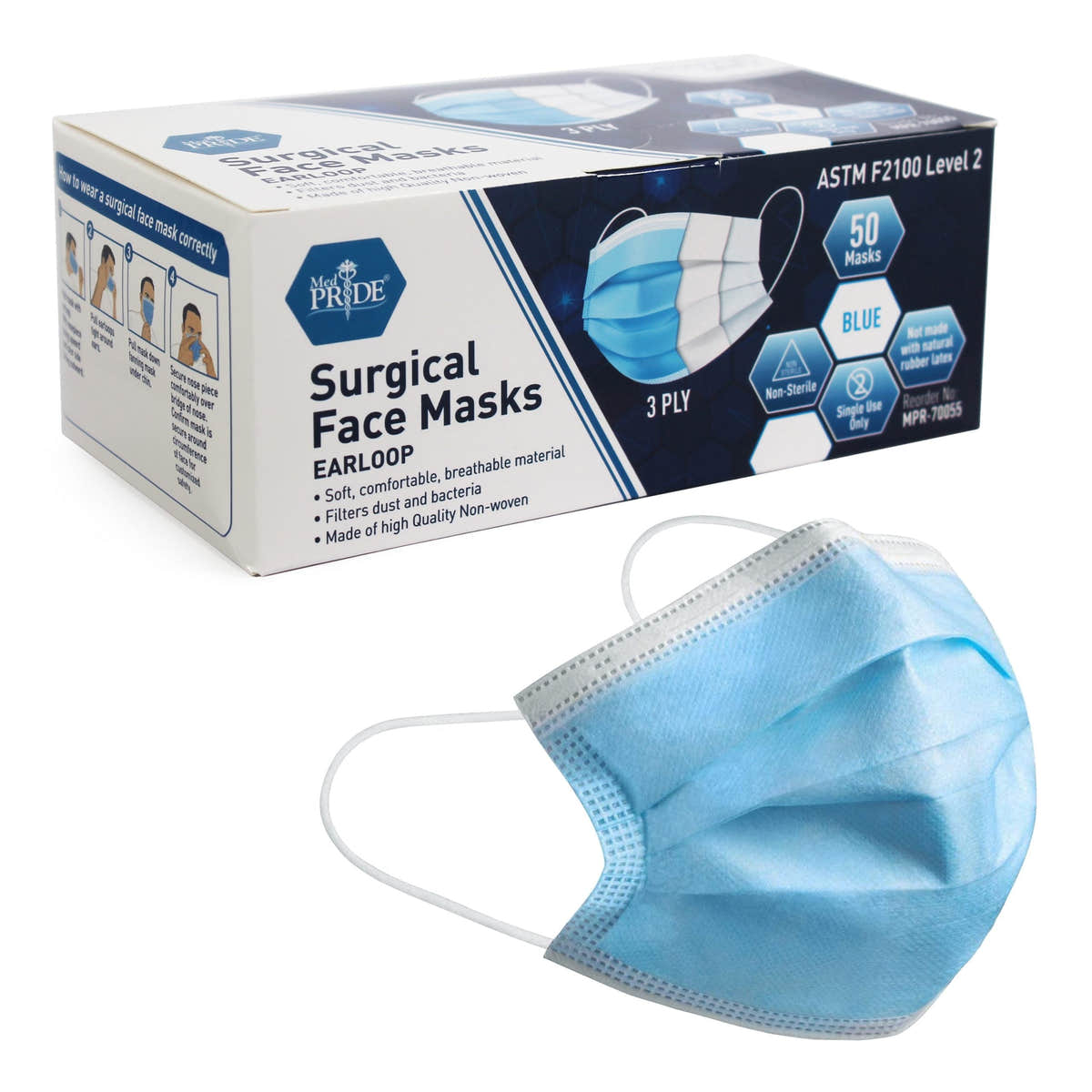 MedPride Surgical Face Mask, Ear Loop - Level 2 - Blue - 50/Box, Case of 20 (1000 Count)