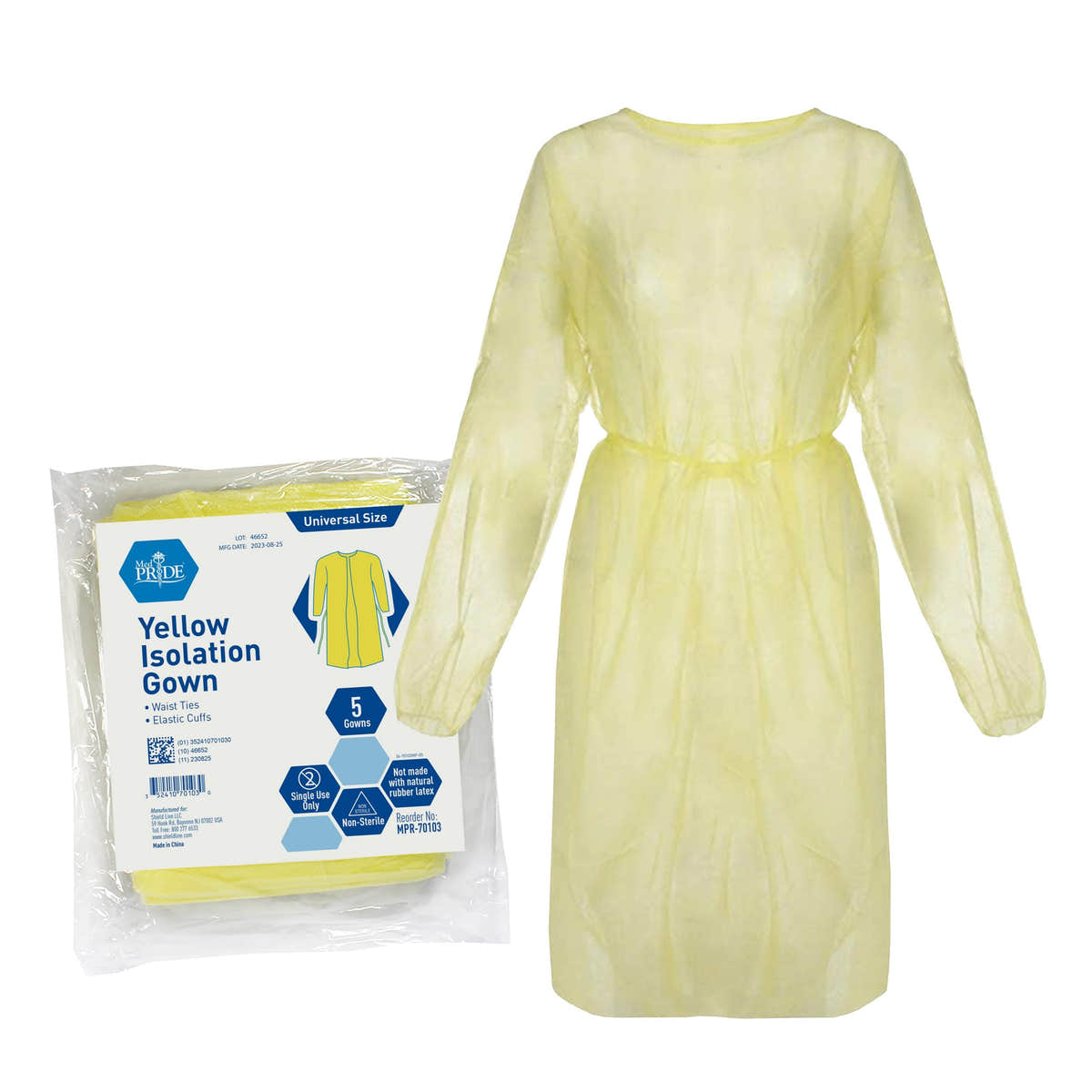 MedPride Standard Yellow Isolation Gown Universal Fit, Fluid Resistant - 5/Pack, Case of 10 (50 Count)
