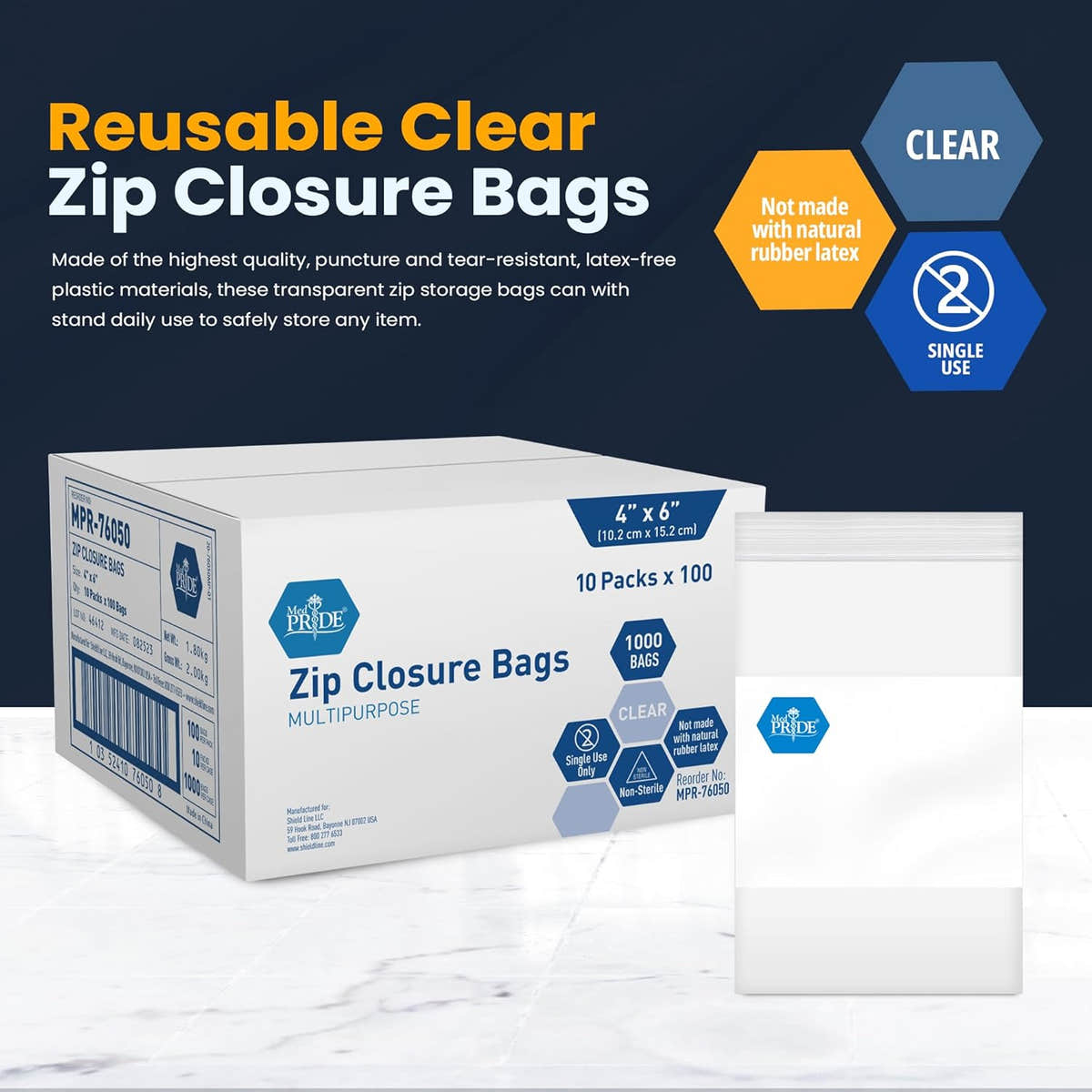 MedPride Reusable Clear Zip Closure Bags, Size 4" x 6", 100 Bags, Case of 10 (1000 Count)