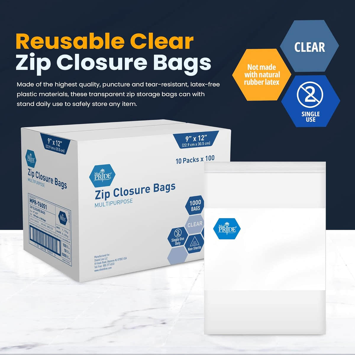 MedPride Reusable Clear Zip Closure Bags, Size 9" x 12", 100 Bags, Case of 10 (1000 count)