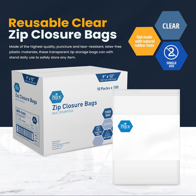 MedPride Reusable Clear Zip Closure Bags, Size 9" x 12", 100 Bags, Case of 10 (1000 count)