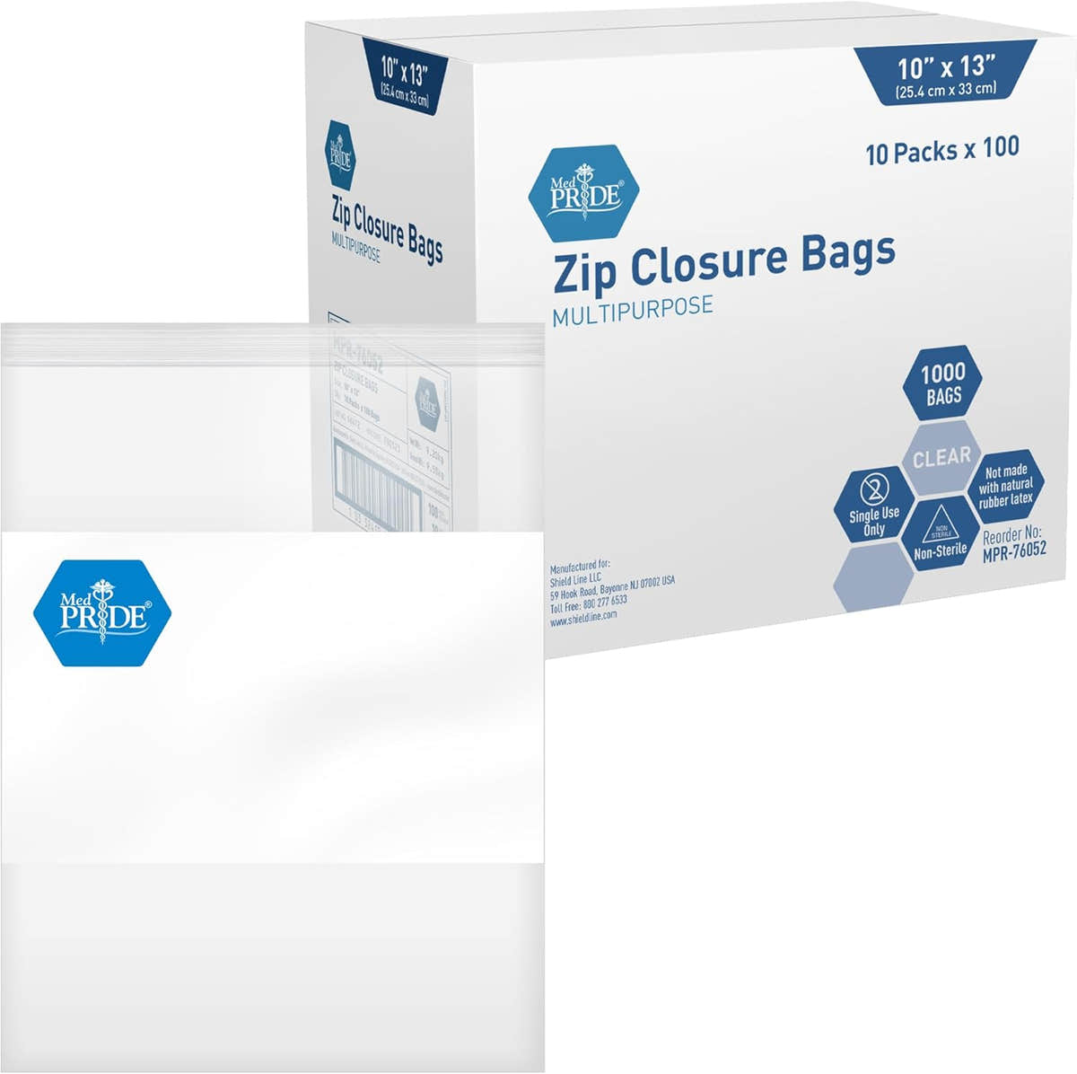 MedPride Reusable Clear Zip Closure Bags, Size 10" x 13", 100 Bags, Case of 10 (1000 Count)