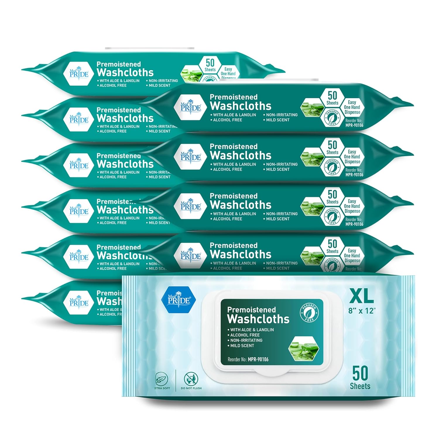 MedPride Disposable XL Premoistened Washcloths 8" x 12", 50 Sheets / Case of 6 (300 Count)