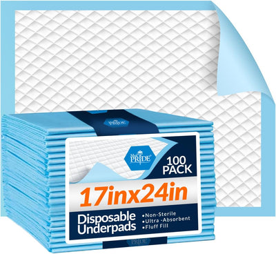 MedPride Disposable Underpads, 17" x 24" (22 grams) 100 Pads, 3 packs/Case (300 Count)