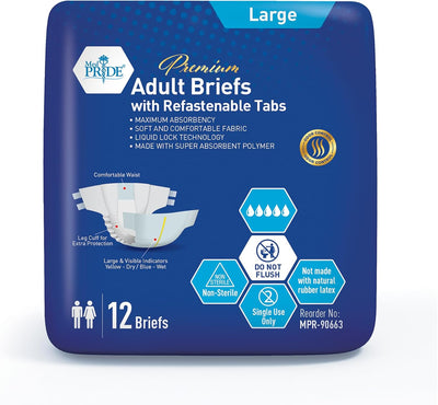 MedPride Adult Briefs with Refastenable Tabs, Large Size, 6 Packs of 12 (72 count)