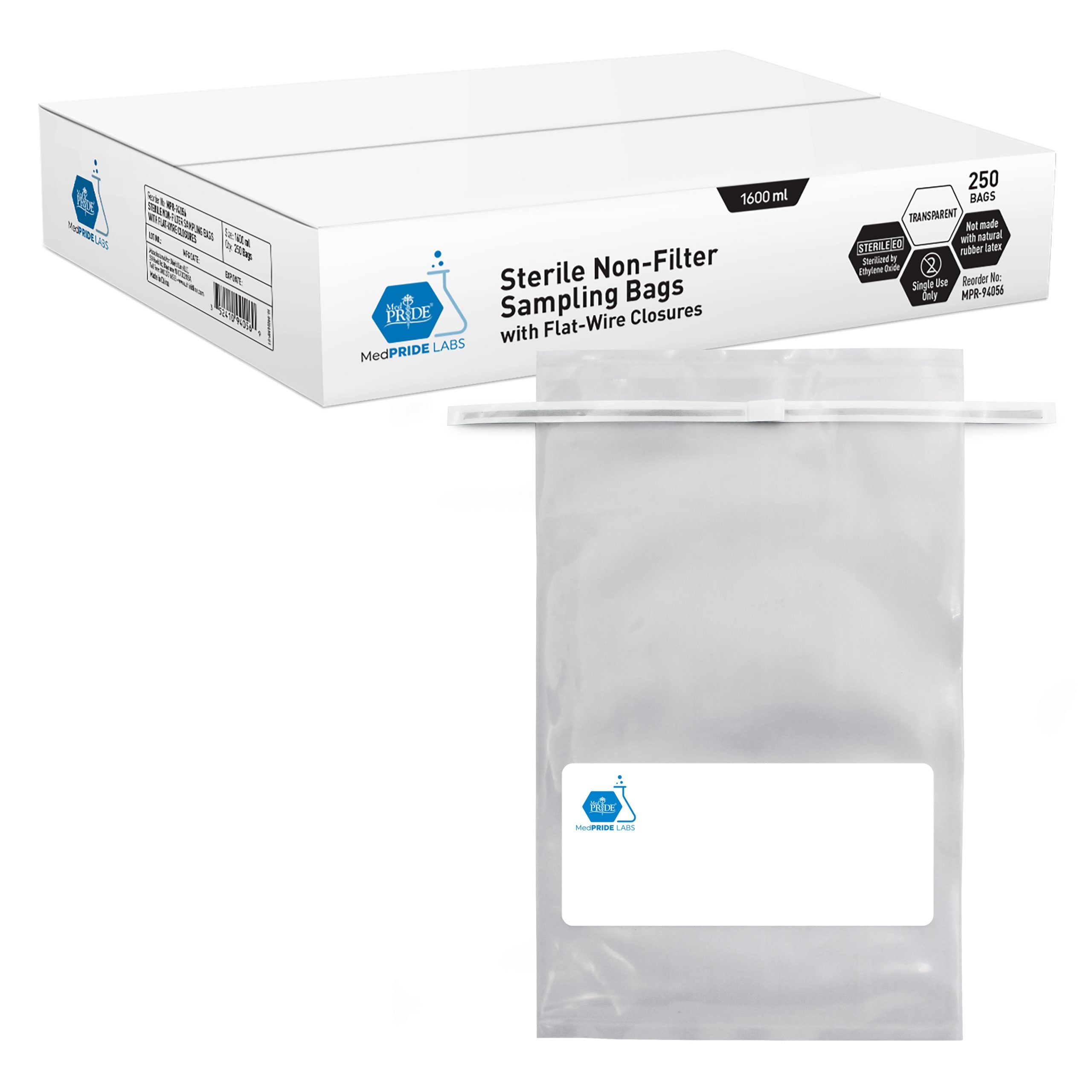 MedPride Sterile Non-Filter Sampling Bags with Flat-Wire Closure 1600 ml, 250 Bags / Case of 4 (1000)