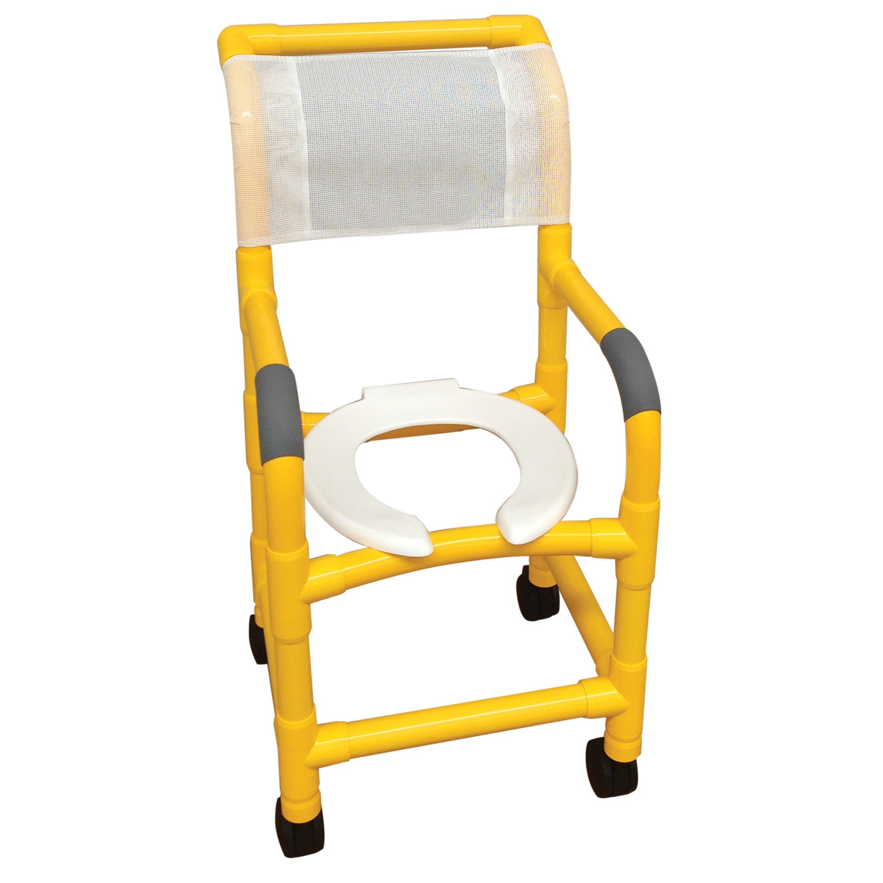 MJM International Y115-3 YELLOW Shower chair 15" internal width, for small adult or pediatric needs, 3" twin casters, open front seat, 250 lbs weight capacity