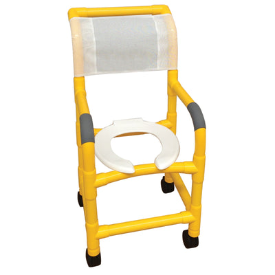 MJM International Y115-3 YELLOW Shower chair 15" internal width, for small adult or pediatric needs, 3" twin casters, open front seat, 250 lbs weight capacity