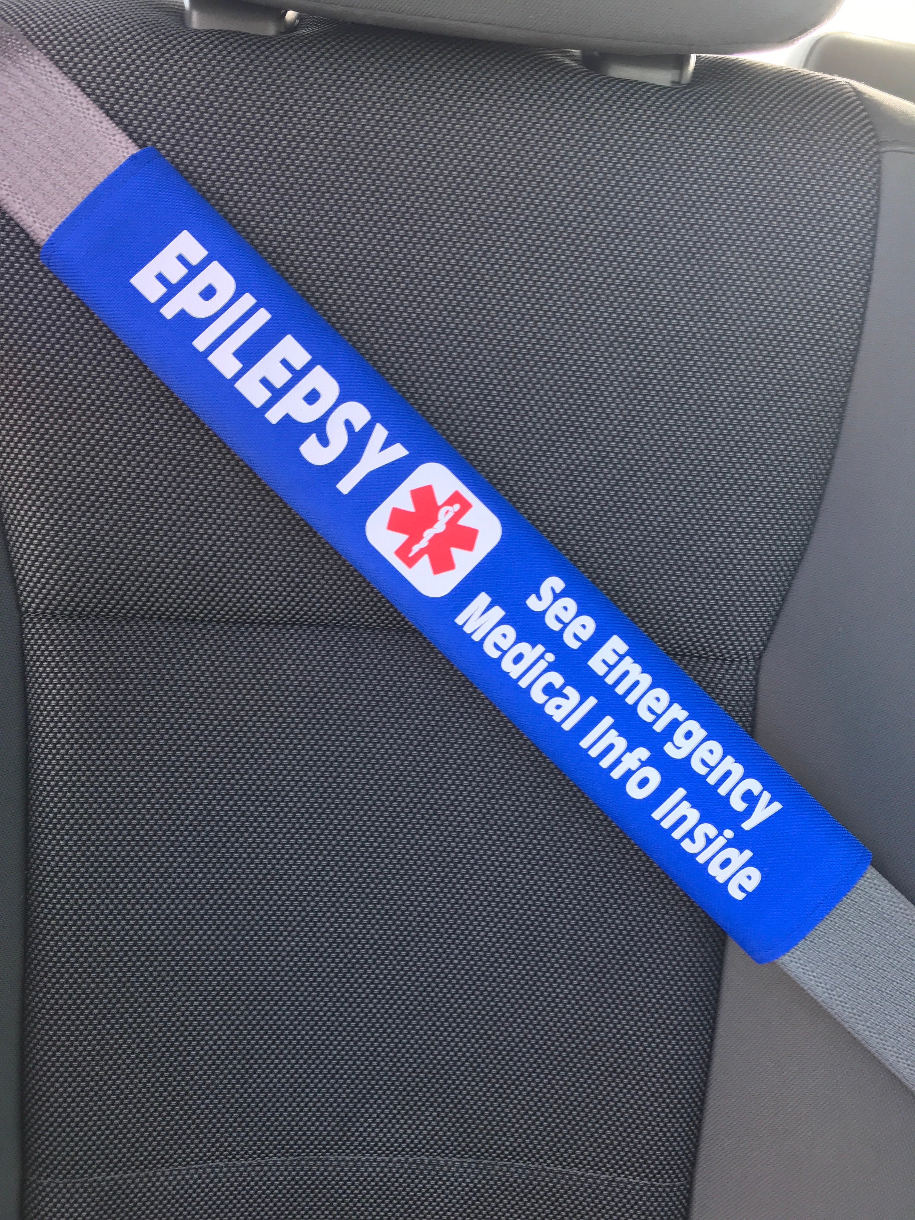 Epilepsy - Medical Alert Seat Belt Cover - Inside Pocket - Medical Info Sheet
