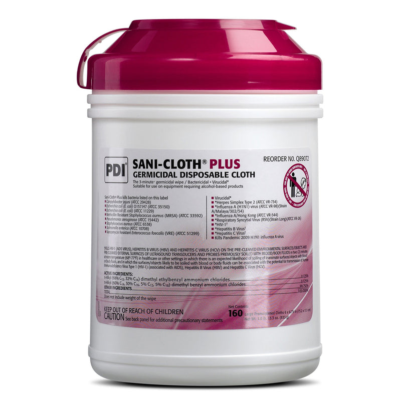 Sani-Cloth Plus Germicidal Wipe Disinfectant Cleaner, Non-Sterile Canister, 6 x 6¾ Inch -Box of 160