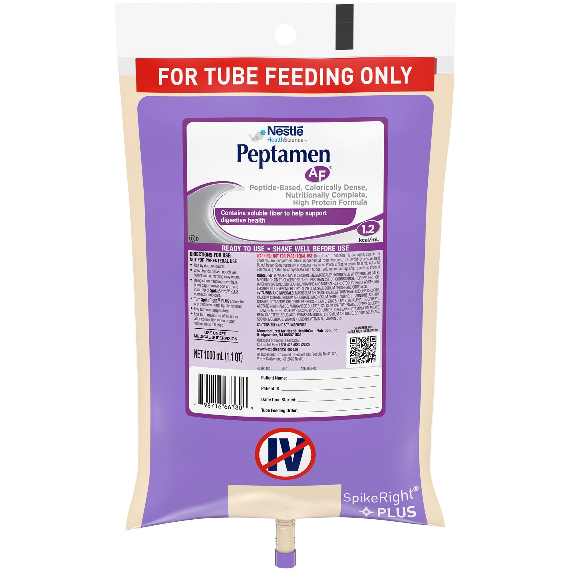 Peptamen AF Ready to Hang Tube Feeding Formula, 33.8 oz. Bag -Case of 6