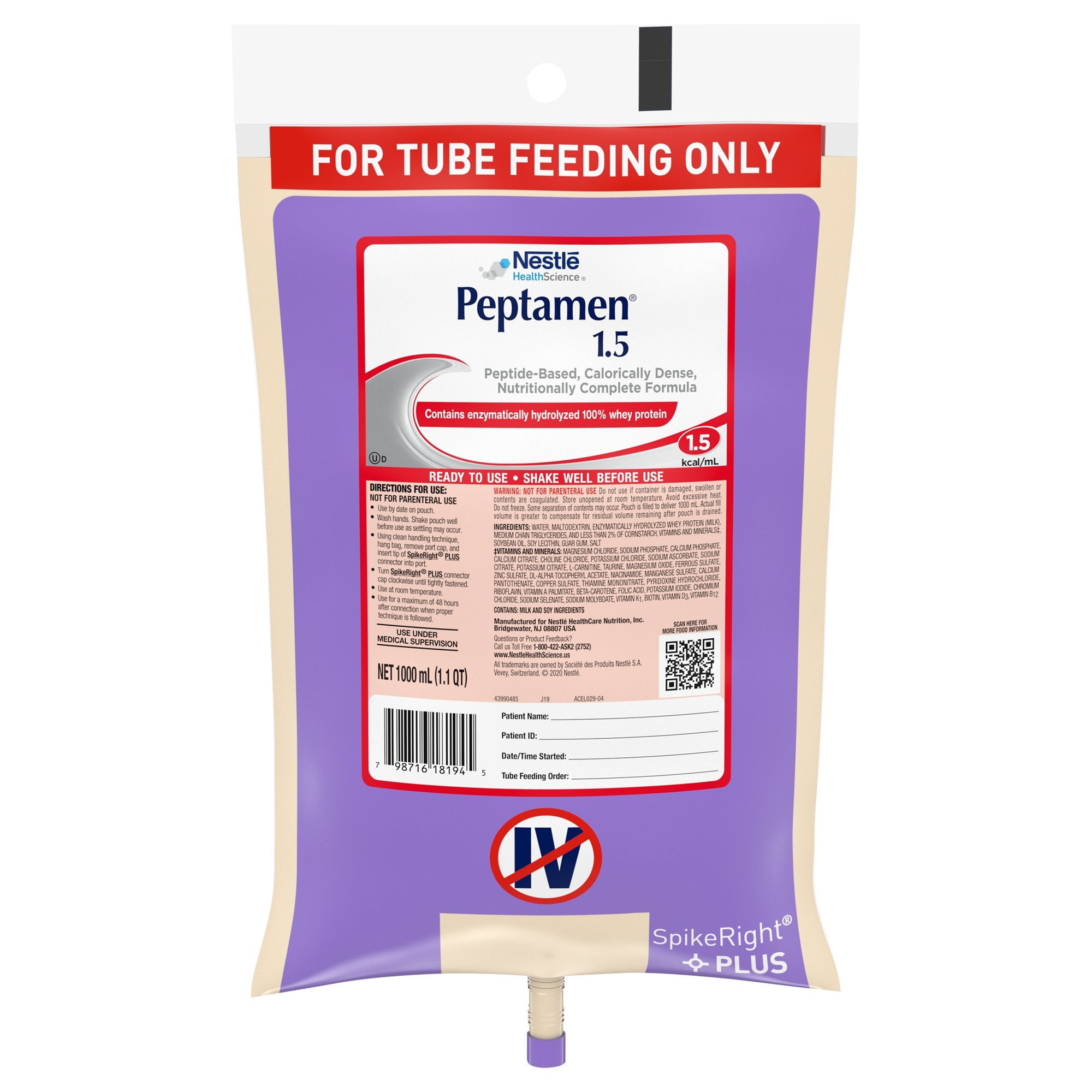 Peptamen 1.5 Ready to Hang Tube Feeding Formula, 33.8 oz. Bag -Case of 6