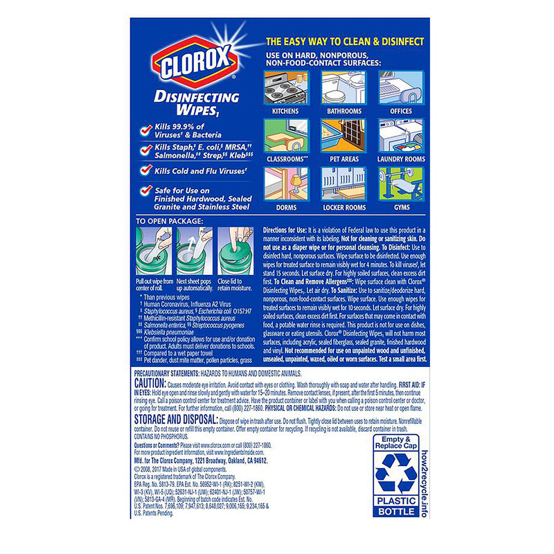 Clorox Surface Disinfectant Wipes, Small Canister -Case of 12