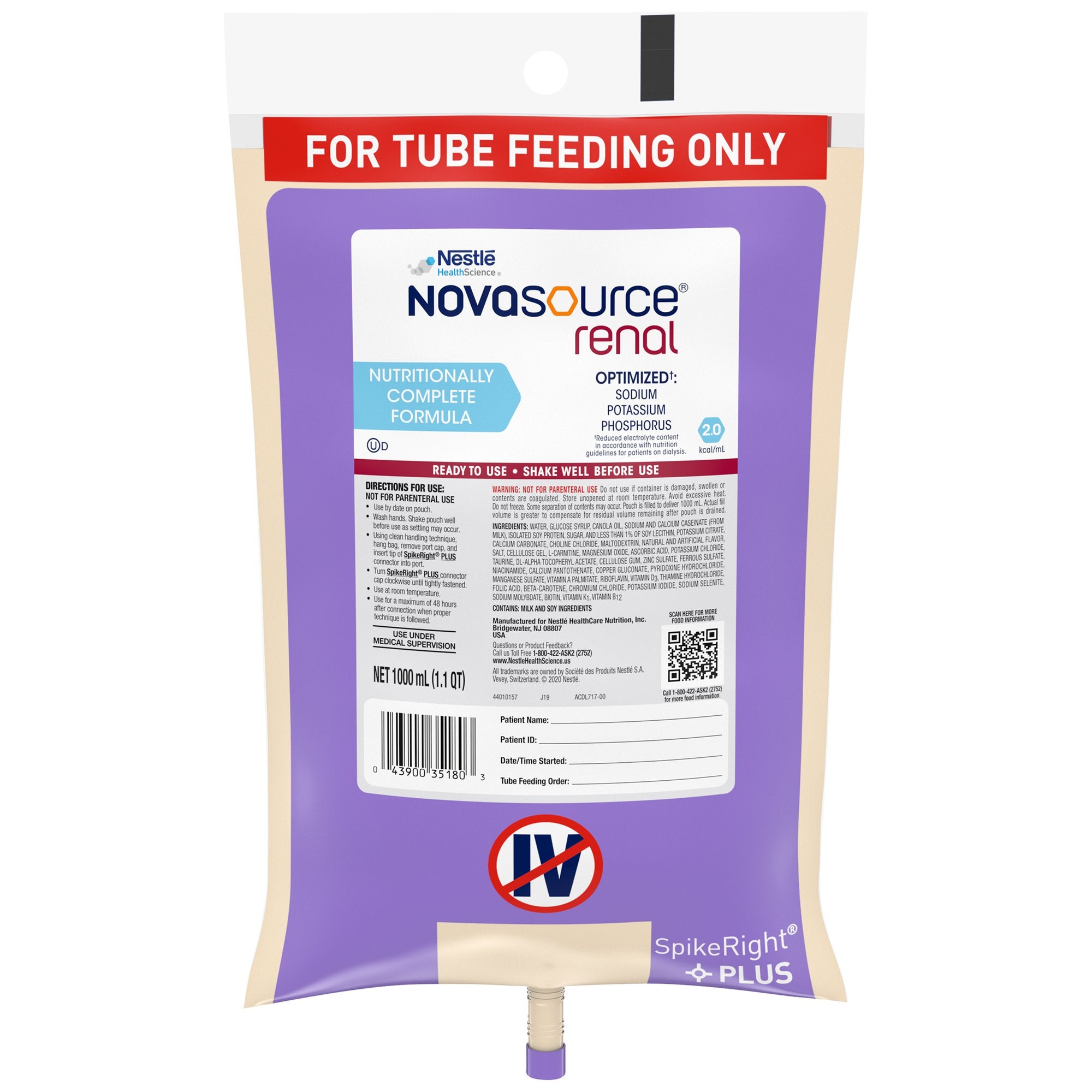 Novasource Renal Ready to Hang Tube Feeding Formula, 33.8 oz. Bag -Case of 6