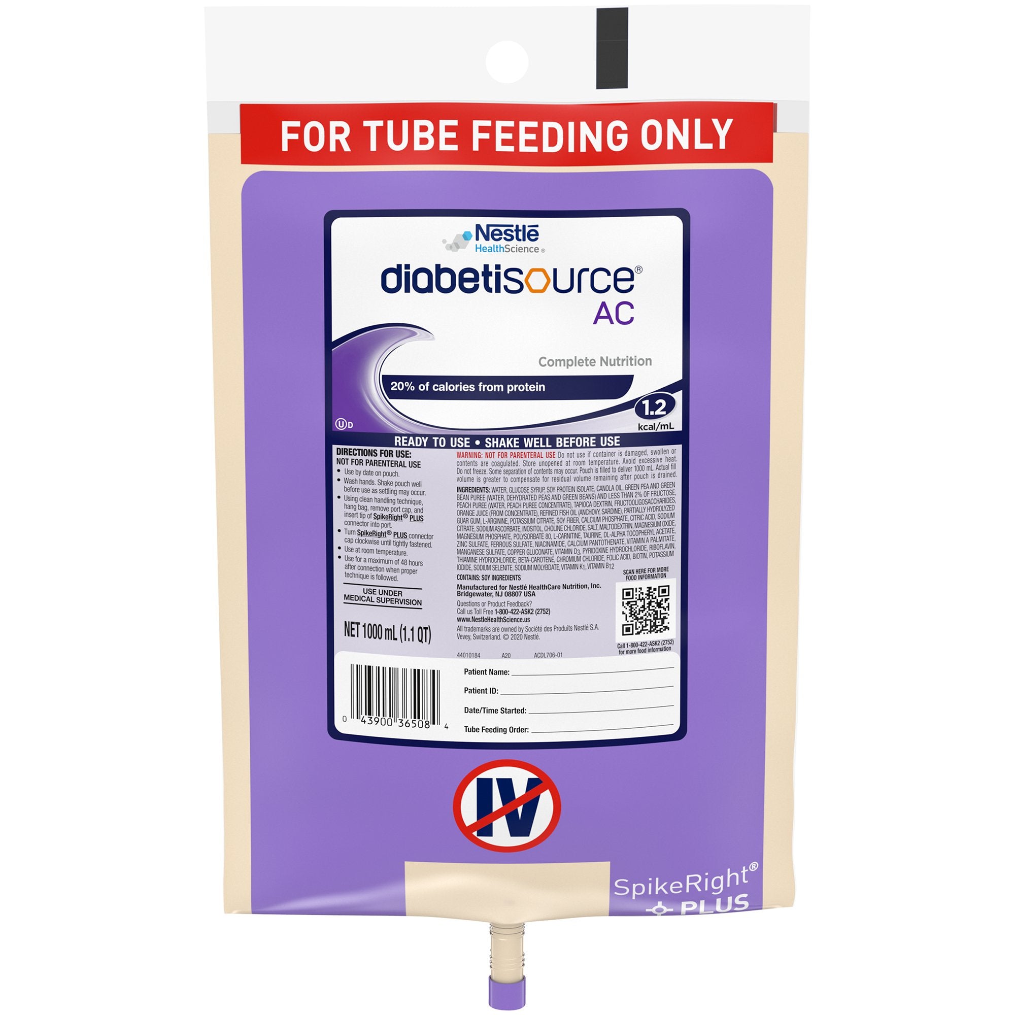 Diabetisource AC Tube Feeding Formula, 33.8 oz. Ready to Hang Bag -Case of 6