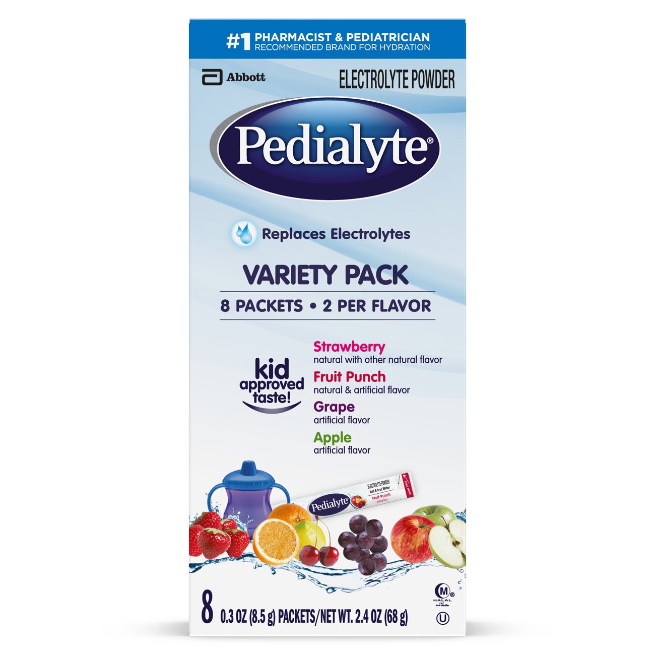 Pedialyte Powder Packs Pediatric Oral Electrolyte Solution, Assorted Flavors, 0.6 oz. Packet -Carton of 8